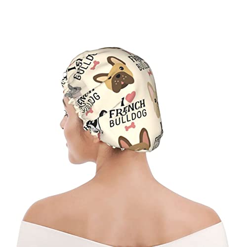 Duschhaube mit französischer Bulldogge-Aufdruck für Damen, wiederverwendbar, doppellagige Stoff-Duschhauben, Haarkappen für Mädchen