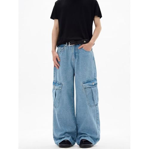 Men's Wide Leg Cargo Jeans Straight Loose Baggy Denim Pants Y2K Teen Boys High Rise Long Jean Trousers2