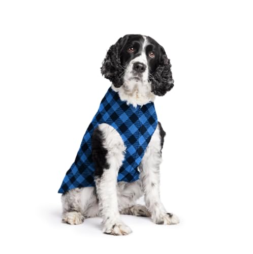 Image of Goldpaw Stretch Fleece Dog Sweater - with Spandex for 4-Way Stretch - Soft, Comfortable Dog Coat - Machine Washable - Made in the USA - Cobalt Buffalo Check - Size 20