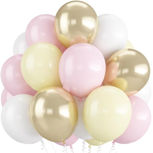 Image of HILAVO Pink and Yellow Balloons 12 Inch Pastel Light Pink Yellow Gold White Party Latex Balloons for Lemon Oh Baby Shower Bridal Shower Anniversary Wedding Bee Bear Themed Birthday Party Decorations
