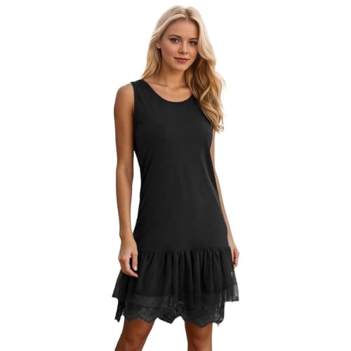 Vestido Informal con Ribete de Encaje, Elegante Vestido Lencero con Capas para otoño e Invierno, cómodo para Uso Diario. (Black, XL)