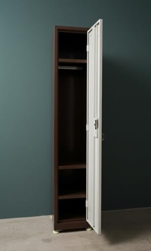 Image of Shubham Furnitures Single Door Steel Locker Cabinet with 4 Shelves & Hanging Rod | Heavy Duty Lockable Storage Cupboard for Office Gym Factory School | Powder Coated 1 Door Metal Locker Brown