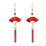 QIAOLEHUI Chinese Red Fan Tassel Earring Necklace for Women Ethnic Fan Dangle Drop Pendant Earrings Spring Festival Chinese New Year Party Jewelry (Earrings)