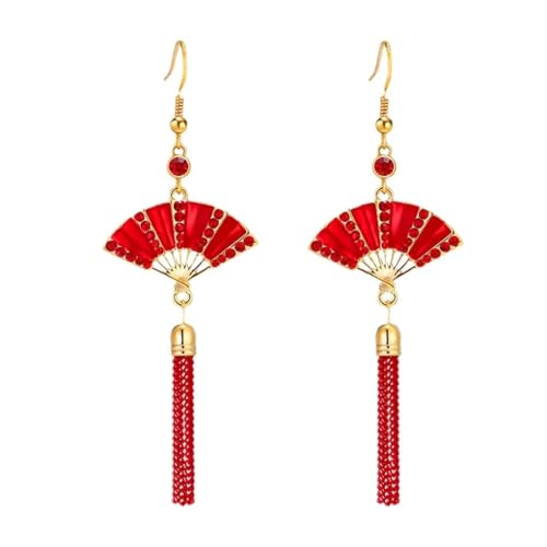 Just Follow Chinese Style Folding Fan Modeling Crane Cloud Earrings for Women Rhinestone Red Fan Tassel Earrings Creative Chinese Cultural Landscape Jewelry (2)