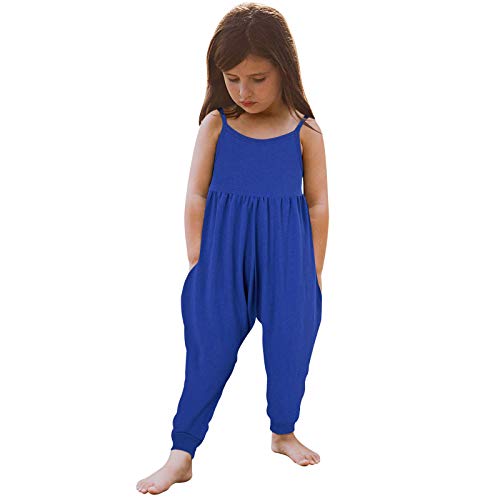Mono de tirantes delgados para niñas y niñas, sin mangas, liso, pierna ancha, fresco para verano, pantalones largos holgados, cómodos, para niños, mameluco casual de color sólido (azul-a, 2-3 años)