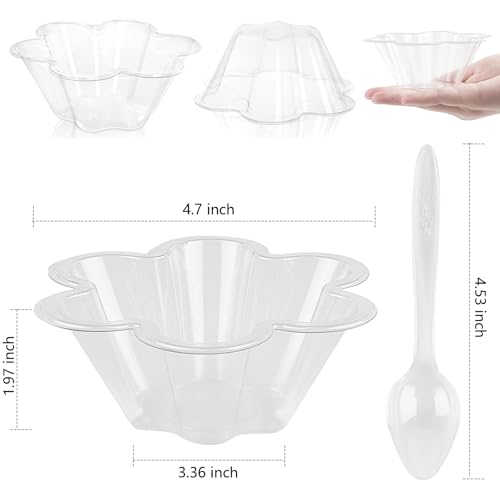 Legredic 50ct 8oz Plastic Dessert Cups with Spoons, Clear Flower shaped Ice Cream Bowls, Party Sundae Serving Bowls, Parfait Appetizer Cups for Ice Cream, Nuts, and Salad