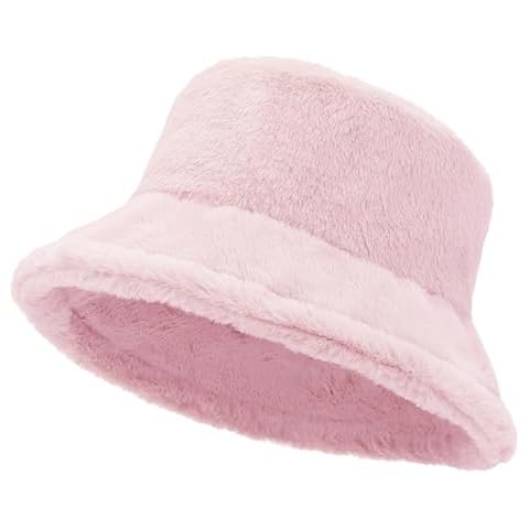 Women Plush Fluffy Bucket Hat Warm Lining Winter Faux Fur Cozy Wide Brim Winter (Pink) Cover