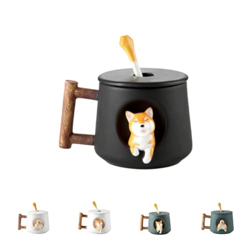 SJGEIDM 柴犬 アニマルマグ 約420ml コーヒーマグ 電子レンジ対応 食器洗い機対応 クリエイティブ スタイリッシュ かわいい アニメ風 セラミックウォーターカップ 蓋とスプーン付き (401-500ml,黒柴犬カップ(頭))