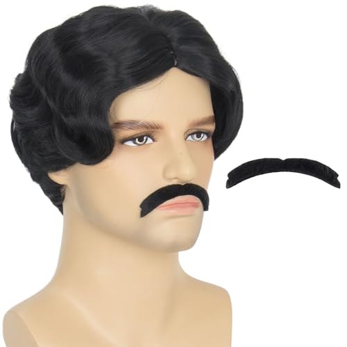 Miss U Hair Mens Black Short Wavy Wig and Fake Mustache Middle Part Funny Retro Cosplay Party Wig