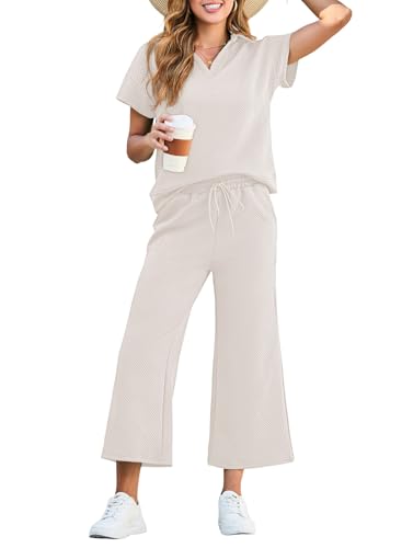 Dokotoo Women's 2 Piece Outfits Sweatsuit Casual Lapel Collar Short Sleeve Tops Drawstring Wide Leg Pant Lounge Sets
