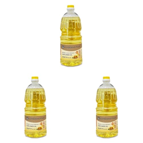 Image of Conscious Food Cold Pressed Sunflower Oil | 2 litre | Certified Organic | PET Bottle | Cooking Oil | High in Antioxidants, Delicious & Healthy (Pack of 3)
