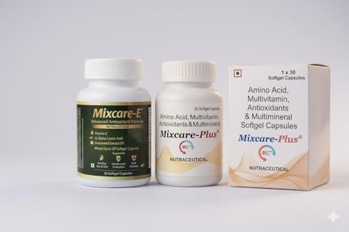 Image of Mixcare Health Supplement Combo Pack - Mixcare-E Advanced Antioxidant Softgel Capsules with Vitamin E, Omega-3, Evening Primrose & Wheat Germ Oil + Mixcare Plus Multivitamin Antioxidant Capsules for Energy, Immunity, Skin, Hair Support (30+30 Softgels)