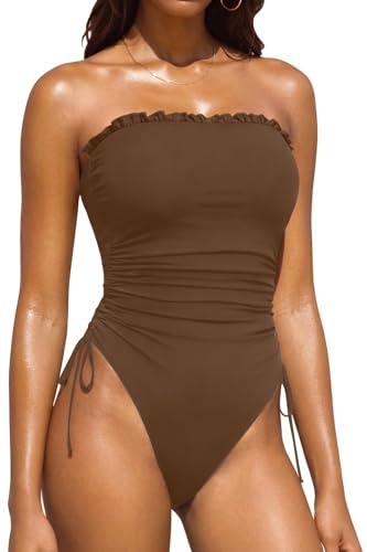Image of Yonique Women Strapless One Piece Swimsuit Tummy Control Bandeau Bathing Suit Cheeky Swimwear