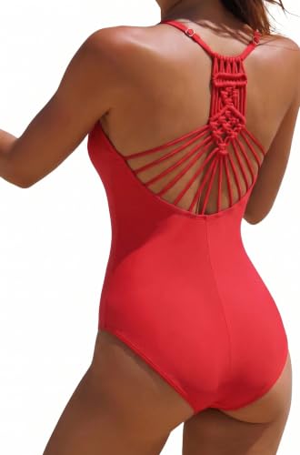 Image of Firpearl Women's Tummy Control One Piece Bathing Suits V Neck Swimsuits Hand-Braid Macrame Ruched Slimming Swimwear