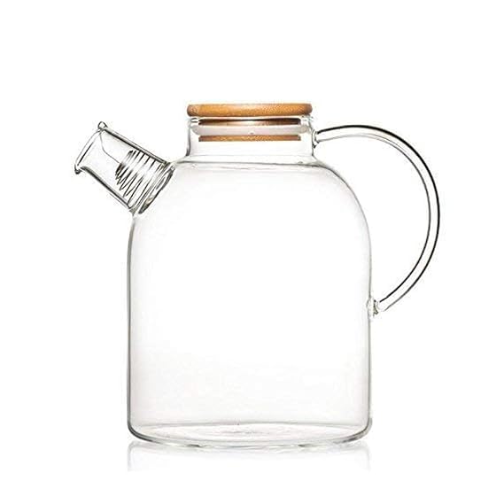 ROSEFINCH Glass Water Jug with Wooden lid, Glass Kettle, Large Handle with picher Set of 1, Transparent, Water for Hot/Cold Water, Bottle, Milk, Juice, Iced Tea, 1 Pcs Clear. 3
