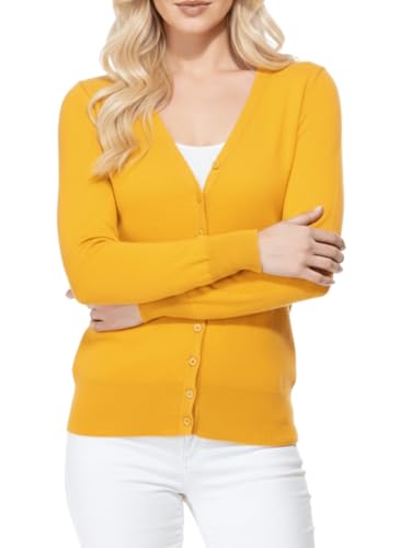 Image of YEMAK Women's Knit Cardigan Sweater - Long Sleeve V-Neck Basic Classic Casual Button Down Knitted Soft Lightweight Top MK5178-Honey-L