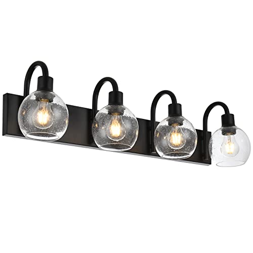 Image of 4-Lights Bathroom Vanity Light Fixtures with Seeded Glass Lampshades Black Industrial Wall Lighting for Over Mirror