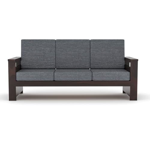 Image of Sheesham Wooden 3 Seater Sofa for Living Room | Rosewood 3 Seater Cushion Sofa Side Half Moon Rack | Solid Wood Sofa Set for Lounge (3 Seater,Walnut Finish)