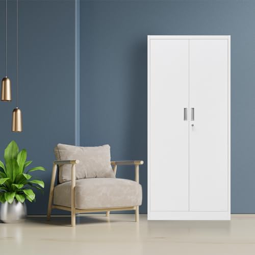 Steel SnapIt Cabinet, 71 Inch Metal Storage Cabinet with Locking Doors and 5 Adjustable Shelves, Garage Cabinet, Tool Cabinets for Office and Home Use (White)