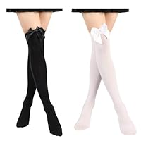 Frdelma Calze da donna con fiocco, calze sopra il ginocchio da donna con fiocco Calze alte alla coscia per ragazze Cosplay Festa di Natale (Nero, Bianco)