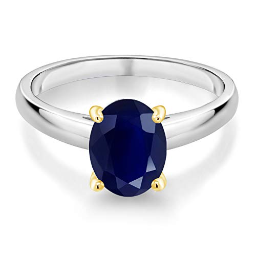Gem Stone King 925 Silver and 10K Yellow Gold Blue Sapphire Solitaire Engagement Ring For Women | 2.50 Cttw | Oval 9X7MM | Gemstone September Birthstone | Available in Size 5,6,7,8,92