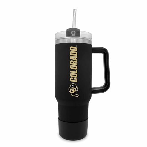 Image of Campus Colors College & University 40 oz Travel Tumbler With Handle - Dual Option Lid With Straw - Vacuum Insulated Stainless Steel (Colorado Buffaloes - Black)