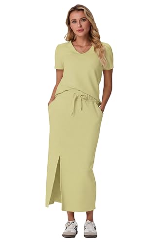 Image of GRECERELLE Women Summer Casual 2 Piece Sets V-Neck Wrinkle-Free Top & Elastic Waist Midi Side Slit Skirt with Pockets