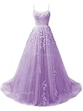 CWOAPO Lace Appliques Prom Dresses for Teens Ball Gown Long Spaghetti Straps Scoop Neck Wedding Dresses with Train A Line Fairy Wedding Dresses Lavender US6