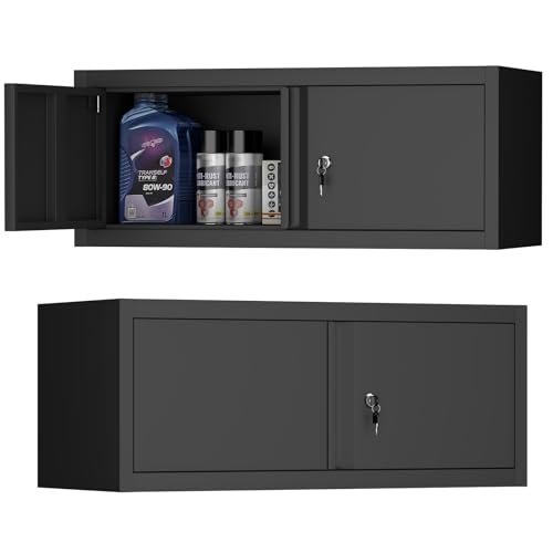 Image of Garage Locking Cabinet, 13 inch H Garage Storage Cabinet Wall Mounted, Floating Storage Organization for RV, Hanging Tool Storage Cabinets for School, Office, Warehouse, Black