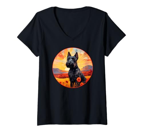 Mujer Lindo Scottish Terrier Colorido Scottie Dog Mountain Sunset Camiseta Cuello V