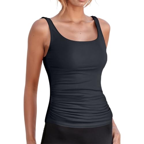 Genérico Trajes De Baño Tankini Mujer - Top Tankini Mujer Cuello En U con Relleno Vientre Plano Parte De Arriba Pliegues Sujetador Push Up Bañadores Deportivo Natacion Playa Piscina