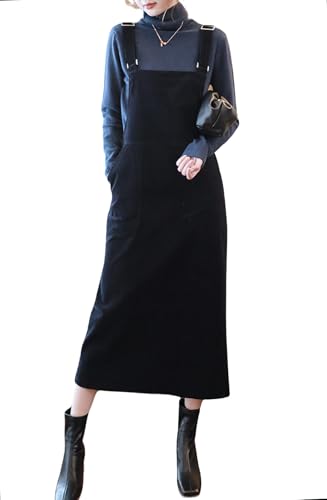 chouyatou Womens Cute Corduroy Adjustable Strap Overall Dress fringe Pinafore Baggy Maxi Long Tank Dress (Large,Black)