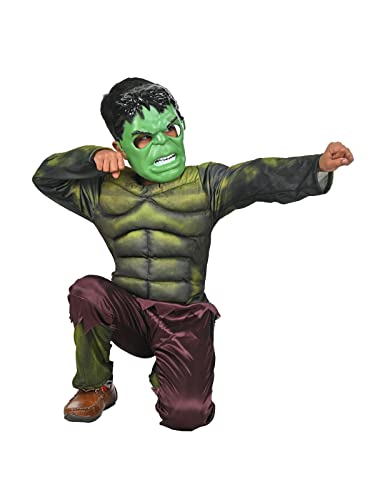 Image of BookMyCostume Polyester Blend The Green Smasher Superhero Kids Fancy Dress Costume - Muscle Look - Imported 7-8 Years