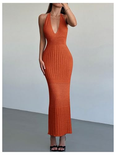 Image of GORGLITTER Women's Halter Backless Knit Dress Crochet Maxi Dresses | Open Back Dress, Knitted Long Bodycon Dresses, Deep V Neck, Resort Wear, Going Out Vacation Outfits