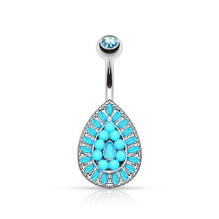 Pierced Owl 14GA Stainless Steel Vintage Turquoise Bead Teardrop Antique Style Belly Button Ring