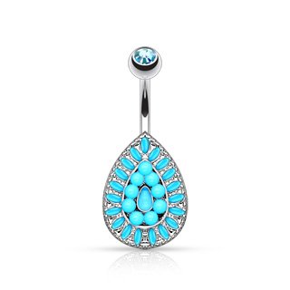 14GA Stainless Steel Vintage Turquoise Bead Teardrop Antique Style Belly Button Ring