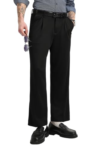 Image of SNITCH Men Casual Trousers | Loose Fit Pleated Front Plain Wide-Leg Style | Lightweight Polyester Blend Medium-Stretch Fabric for Summer & All-Day Comfort Wear