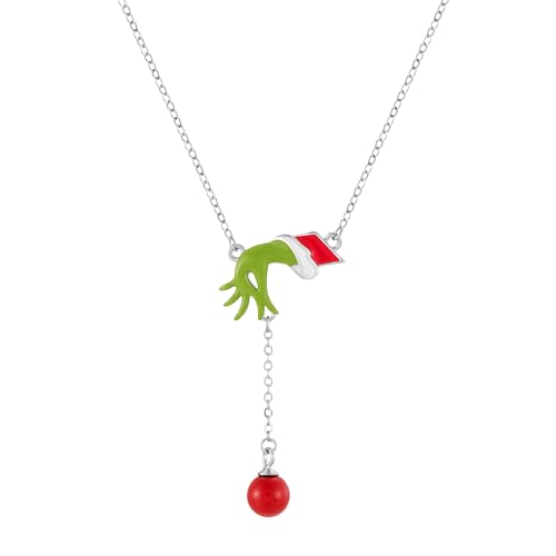 Bolenvi Mischievous Cartoon Stole Christmas Hand & Ornament Necklace Jewelry, Green Red Enamel & 925 Sterling Silver Adjustable Chain