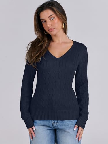 Image of ANRABESS Women's Cable Knit V Neck Fitted Sweaters
