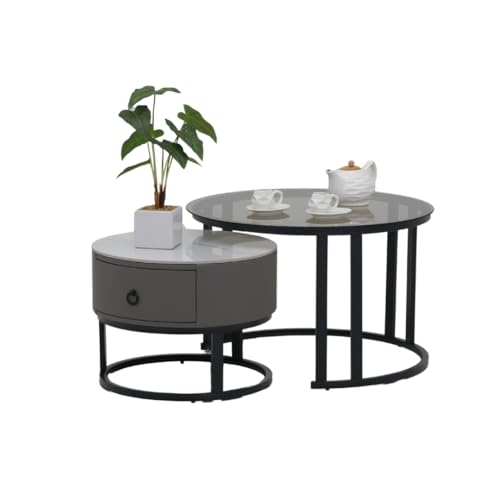 Image of Royaloak Sepang Malaysian Sintered & Glass Coffee Table Set of 2 | Nesting Coffee Table for Living Room with Modern Nested Design, Drawer Storage, Tempered Glass Top & Powder-Coated Metal Frame