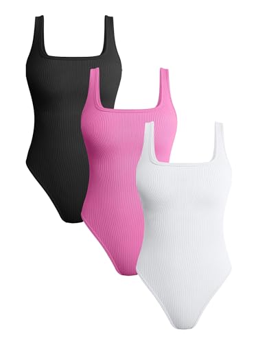 AUREIN Body de 3 piezas para mujer con cuello cuadrado acanalado sin mangas sin mangas Body (color: negro, talla: L)