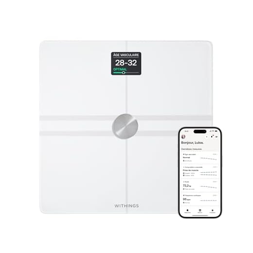 Withings Body Comp - Balance avec analyse corporelle complète, balance connectée Wi-Fi & Bluetooth avec écran couleur, Balance digitale avec précision de la graisse viscérale, du cœur, Blanc 1 unité