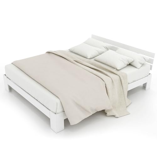 Holzbett 140x200 cm, Doppelbett aus 100{1ef4f7e825efc0424242557adfc0dba3bded47281d234103da84da9564e9883b} massiver Kiefer, Bettgestell mit Kopfteil und Lattenrost, Massivholzbett für kleine Räume, Gästebett, (Weiß)