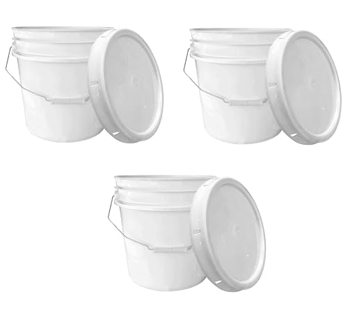 MKS Plastics 3.5-Gallon Bucket with Airtight Lid – Made in USA, Food Grade BPA Free Plastic, Heavy Duty Multi-Use, Metal Handle with Grip, Stackable Storage – White, 3 Pack