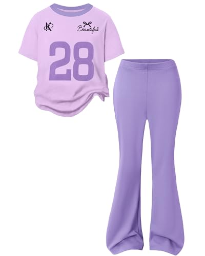 Image of Girls 2 Piece Outfit Colorblock Short Sleeve Graphic Tee & Flared Pants Casual Summer Clothes Set for Age 6-14