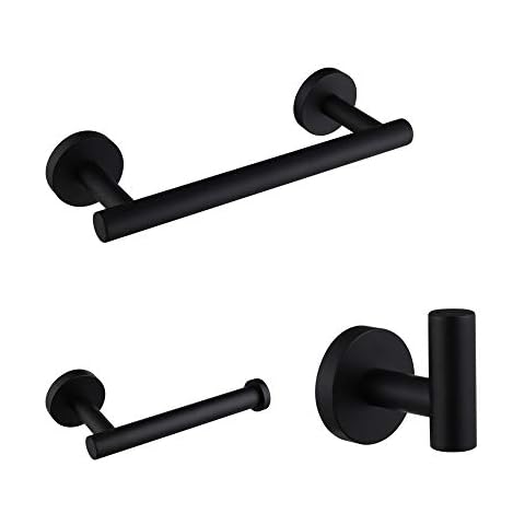 BEIGEEWY Contemporary Stainless Steel Wall Mounted 3-Piece Bathroom Hardware Set - Towel Bar Toilet Paper Holder Robe Hook, Matte Black Cover