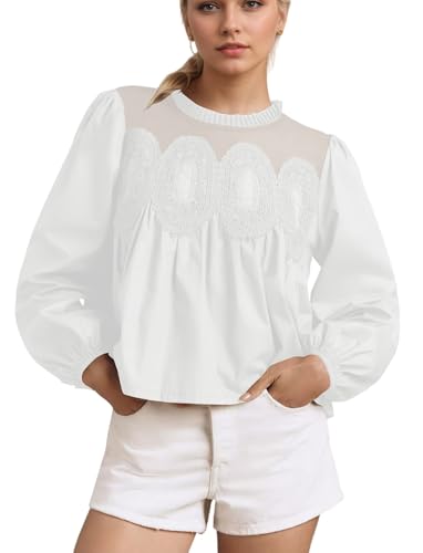 calbatic Women's Lace Mesh Floral Embroidery Blouse Long Puff Sleeve Dressy Babydoll Top Ruffle Hem Patchwork Shirt White