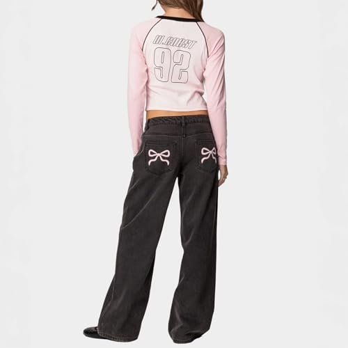 Bow Jeans for Women Cute Y2K Lightweight Pants Baggy Loose Fit Coquette Bow Embroidered Pants with Pockets3