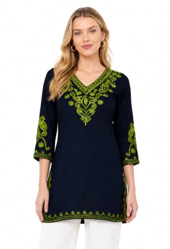 Image of Embroidered Chikankari Kurti with Kashmiri Aari Work, V-Neck, 3 /4 Sleeves, Rayon Fabric