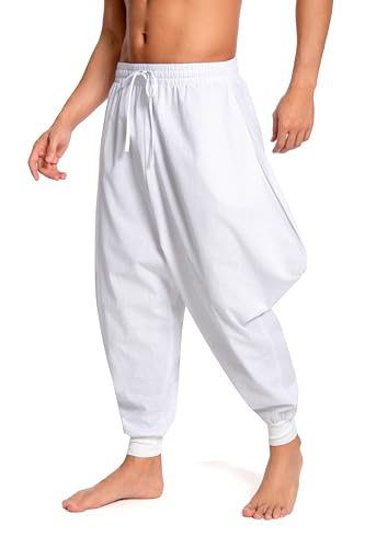Men's Aladdin Hippie Harem Pants Loose Cotton Linen Drop Crotch Trousers Casual Baggy Elastic Waist Yoga Pants
